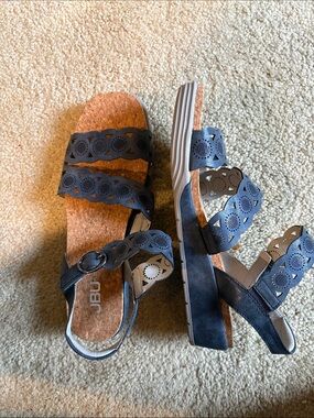 JBU Navy Laser-Cut Triple Strap Cork Wedge Sandal